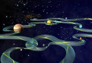 Artist''s concetion of the interplanetary transport network.  Click to Enlarge.